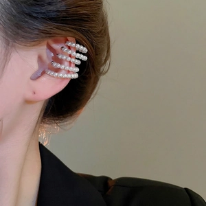 French style multi-layer pearl ear cuff without piercing with silver metal base
