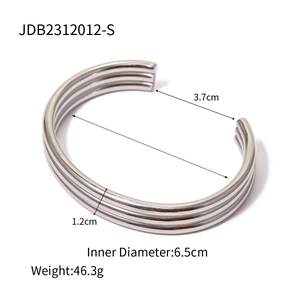 Detail view of silver triple-layered open cuff bracelet with dimensions and weight specs