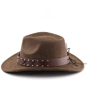 Close-up of brown suede cowboy hat with studded leather band and star-shaped details