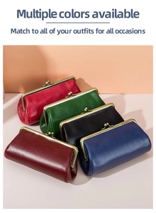 Detailed display of multiple colored leather clutch bags with vintage metal kiss locks