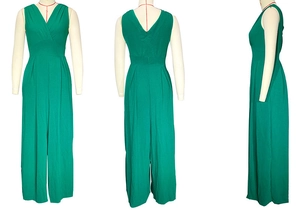 Three-way view of emerald green high waist sleeveless wide leg jumpsuit on mannequin