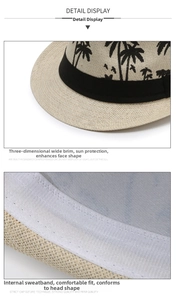 Detail of straw fedora brim with palm tree print and internal white sweatband