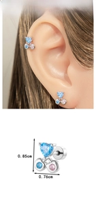 Macro detail of heart-shaped earring with blue zircon and size dimensions