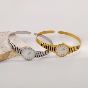 Stainless Steel Watch Style Open Bangle For Women Vintage Watchband Texture Geometric Fashion Jewelry Bracelet Accessory