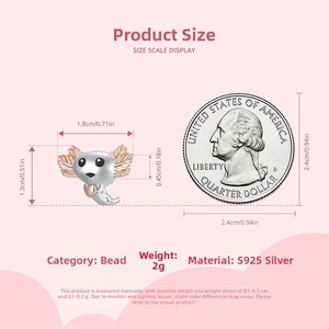 Size comparison of S925 silver axolotl charm next to a quarter coin on pink background