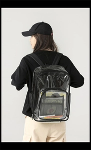 Detailed back view of a transparent PVC backpack showing large capacity and black zipper
