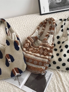 Damen Plüsch Tote Handtasche Weiches Sherpa Fleece Große Kapazität Winter Schultertasche Punkte Hund Geometrisch Vintage