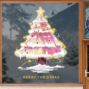 Pink Christmas tree window static sticker with fairy lights and Merry Christmas text