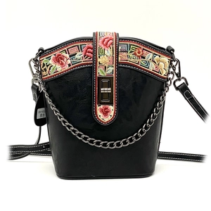 Ethnic style black bucket bag with peony embroidery and metal chain strap for women