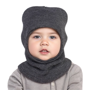 Detailed view of kids integrated knitted hood and neck warmer scarf in soft grey fabric