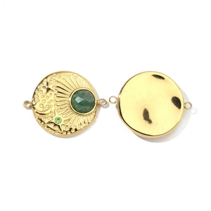 Polished gold sun moon star pendant with green stone detail for DIY jewelry making