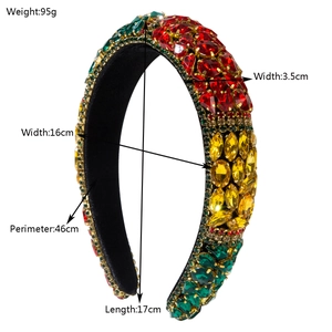 Luxury baroque sponge headband with colorful rhinestones and detailed product dimensions