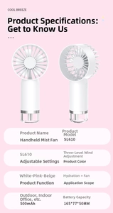 Detailed specifications of the white handheld mist fan with 3-speed wind and 500mAh battery