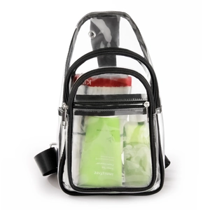 Detailed close-up of transparent PVC chest bag showing black trim and dual zipper structure