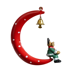 Christmas hanging ornament with red moon, golden bell, and resin elk on white background