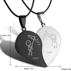 Detail view of heart puzzle couples necklace showing dimensions 1.3in and weight 12g