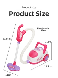 Detailed size chart of the pink toy vacuum cleaner with 31.5cm height and flexible hose