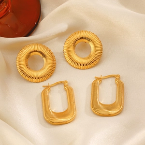 Ribbed Geometric Hoop Earrings 18K Gold Plated Stainless Steel Sunburst Oval Round Minimalist Jewelry For Women