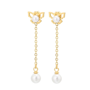 Elegant gold butterfly tassel earrings with pearls on a clean white background