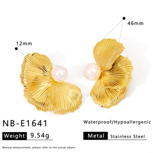 Detail view of gold petal earrings with pearls, showing dimensions 46mm and 12mm size