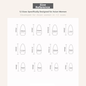 Size chart showing 12 different dimensions for burgundy press-on nails in mm