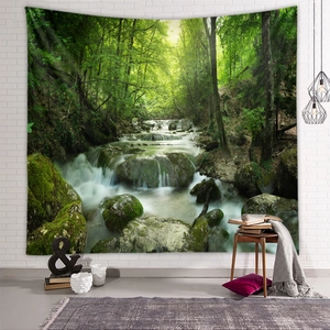 Close-up of a forest landscape tapestry featuring a flowing stream and lush green trees