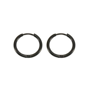 Detail shot of a pair of black circular stainless steel hoop earrings on a white background