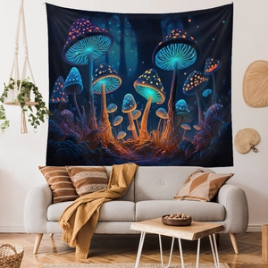 Detail of mushroom forest wall tapestry showing the premium polyester fabric and print quality