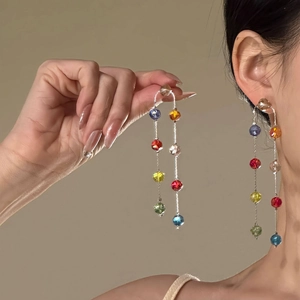 Colorful Glass Bead Tassel Drop Earrings With Silver Earring Post For Women Minimalist Fashion Long Chain Earrings Jewelry