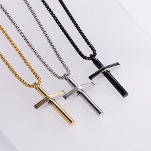 Hip hop diamond cross stick necklaces in gold silver and black finishes