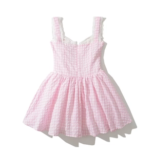 Pink plaid dress with white lace trim and pleated skirt in a sweet minimalist style