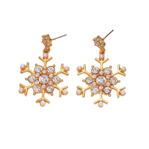 Elegant gold snowflake earrings with sparkling crystals and white pearls for Christmas