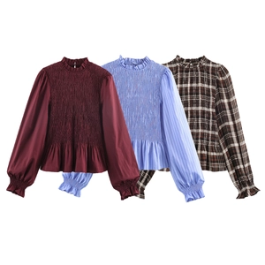 Blouse Femme Manches Longues Poitrine Smockée Col Montant Volants Rétro Doux Haut Polyester Chemises Carreaux Rayures