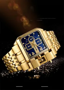 Macro shot of Oulm square gold stainless steel watch case with blue dial and sub-dials