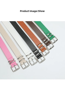 Flat lay of seven colorful thin leather belts with silver buckles for women trousers