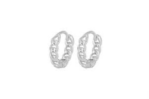 Detail shot of silver S925 sterling silver chain link hoop earrings on white background
