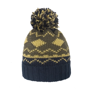 Winter geometric jacquard knit hat with tri-color pompom and warm fleece lining