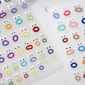 3D cartoon mouth and eyes nail art stickers with vibrant colorful 3D jelly texture
