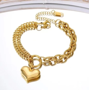 Double-layered gold stainless steel heart pendant bracelet with chunky chain for women