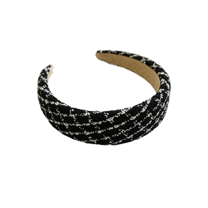 Elegant black and white tweed checkered headband for women in a classic minimalist style