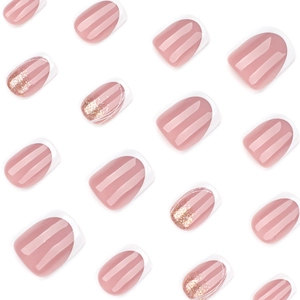 French white tip press on nails with gold glitter accent and short square shape