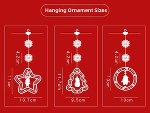 Detailed size chart for LED Christmas star, tree and round pendant lights in centimeters