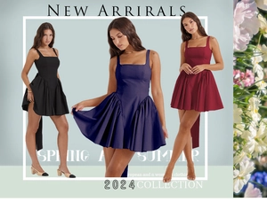 Drei-Farben-Collage mit Minikleidern in Schwarz, Marineblau und Weinrot mit Karree