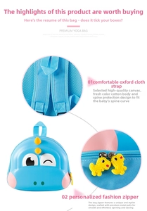 Detail of blue dinosaur kids backpack showing durable zippers and adjustable straps