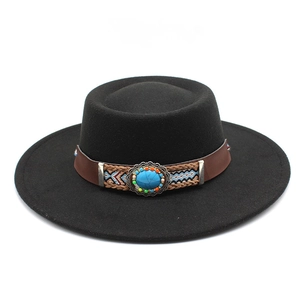 Bohemian Wide Brim Flat Top Fedora Hat Vintage Ethnic Braided Band Faux Turquoise Woolen Felt Western Cowboy For Women