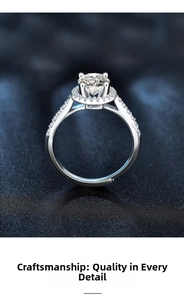Macro view of halo-set round moissanite ring with side stones and adjustable silver band