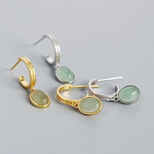 925 Sterling Silver Oval Green Aventurine Drop Earrings Minimalist C-Shape Hoop Elegant Retro Jewelry For Women