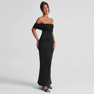 Detail of elegant black off-shoulder maxi dress with ruched bodice and slim fit design