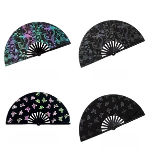 Macro comparison showing reflective bamboo fan with mushroom and butterfly patterns