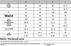 Size chart for women's blazer set with measurements for XS to L in centimeters
